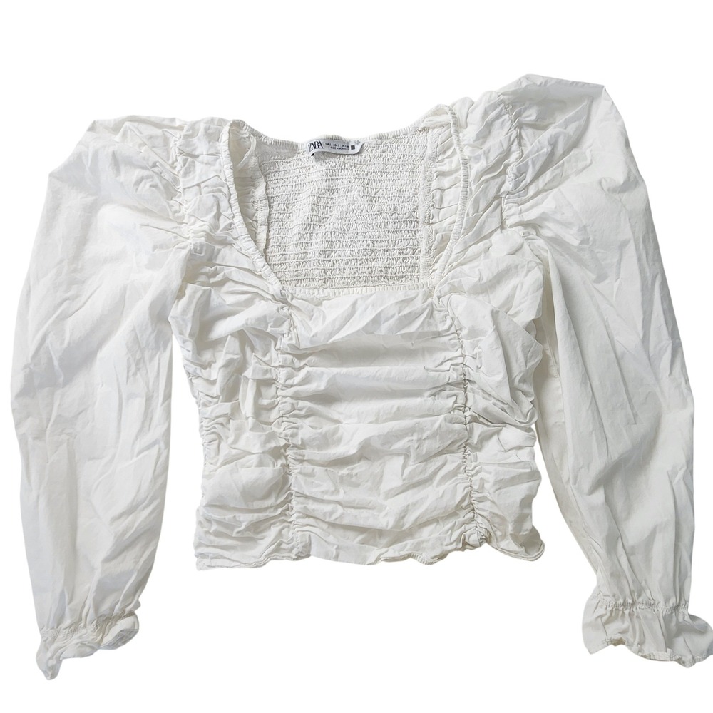 Zara Womens Small White Ruched Puff Sleeve Peasant Blouse Square Neck Cotton EUC
